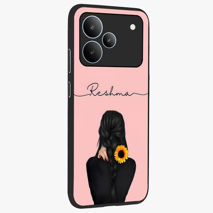 Sunflower Braid Beauty With Custom Name Glass Case upright view showcasing bright sunflower artwork with personalized floral aesthetic.