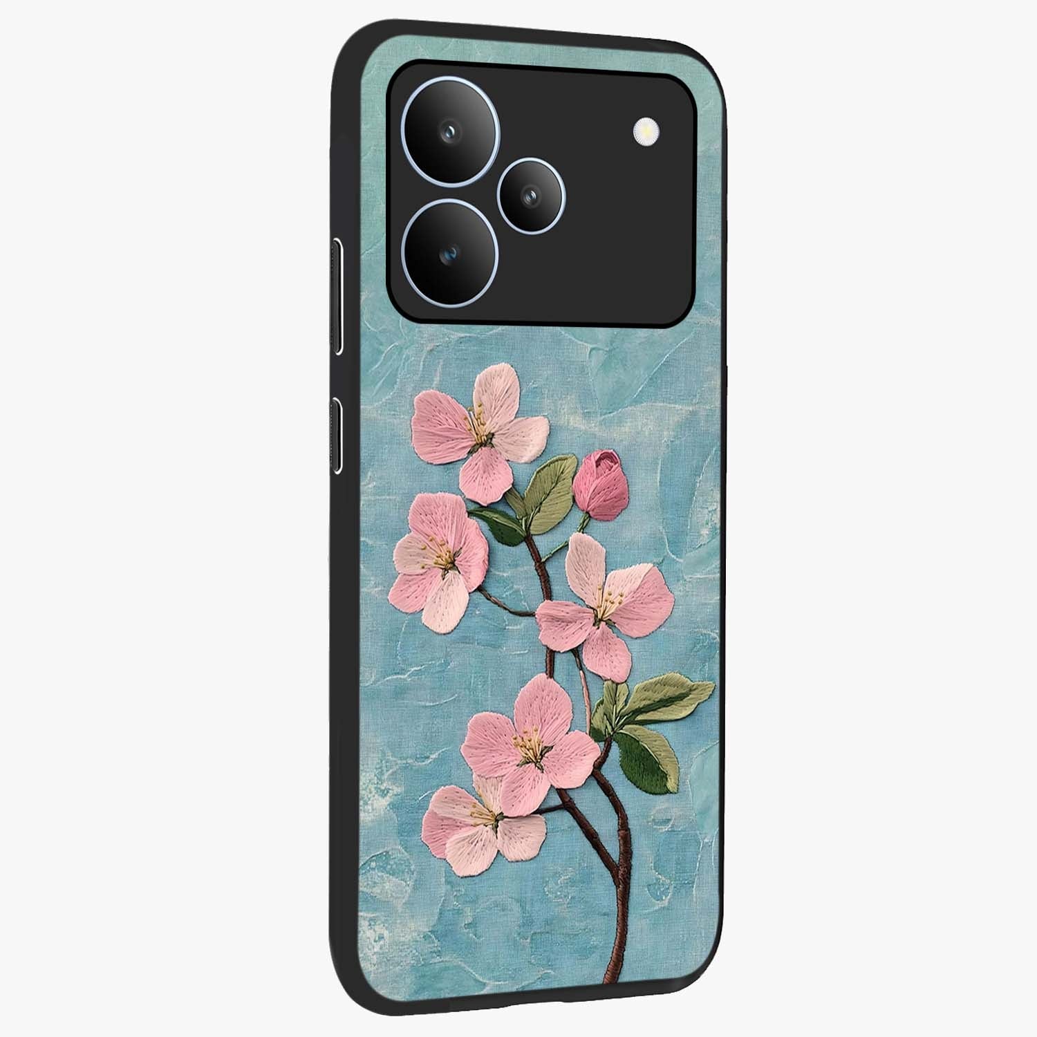 Threaded Blossom Breeze Glass Case upright view showcasing graceful flower artwork with calm botanical theme.