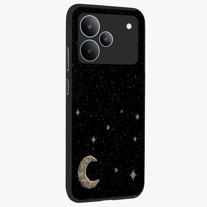 Twinkle Star With Half Moon Glass Case upright view showcasing glowing cosmic artwork with dreamy night theme.