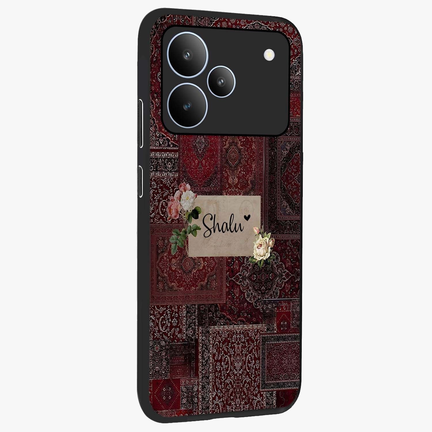 Velvet Wine Pattern Custom Name Glass Case upright view showcasing luxurious wine toned artwork with personalized aesthetic.
