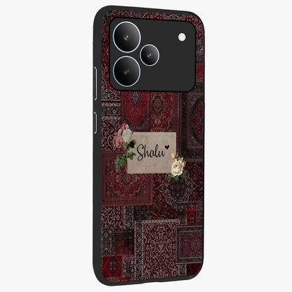 Velvet Wine Pattern Custom Name Glass Case upright view showcasing luxurious wine toned artwork with personalized aesthetic.