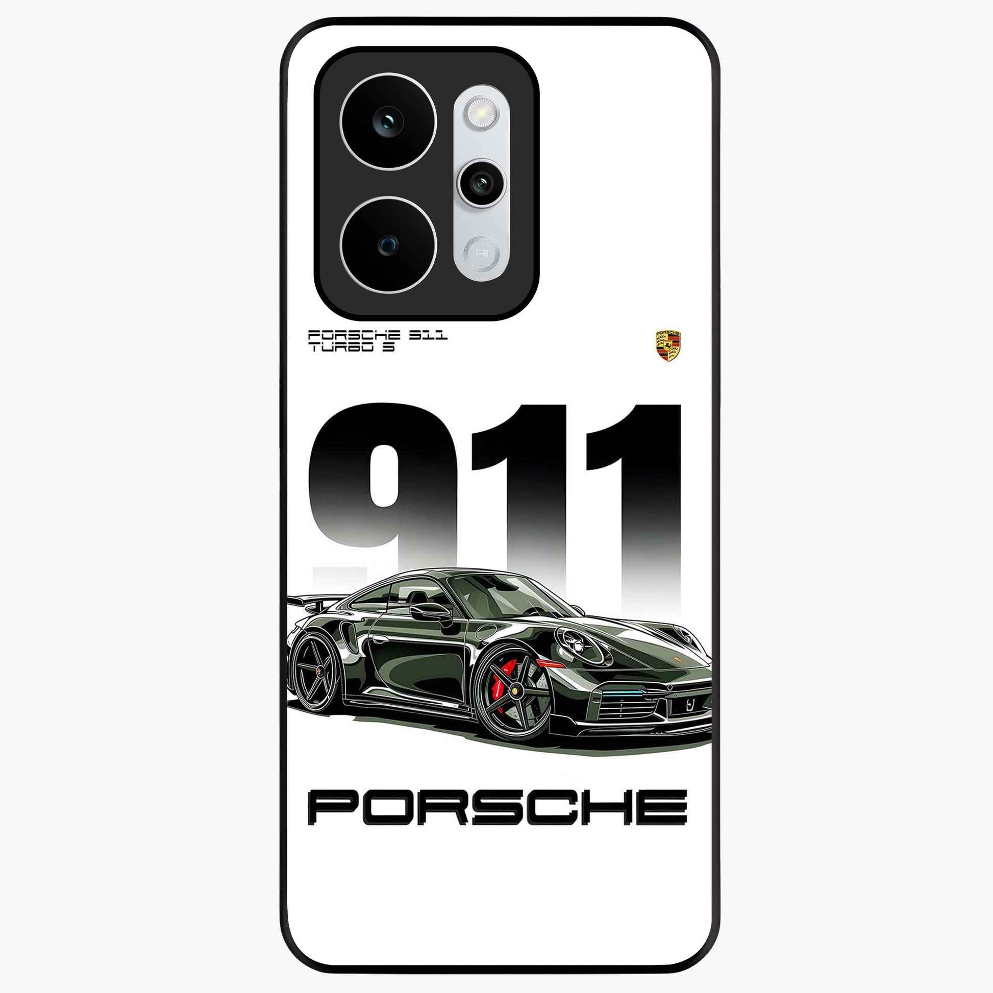 911 Turbo Dominance Glass Case showing clean flat back view with bold 911 sports car artwork and glossy glass finish.