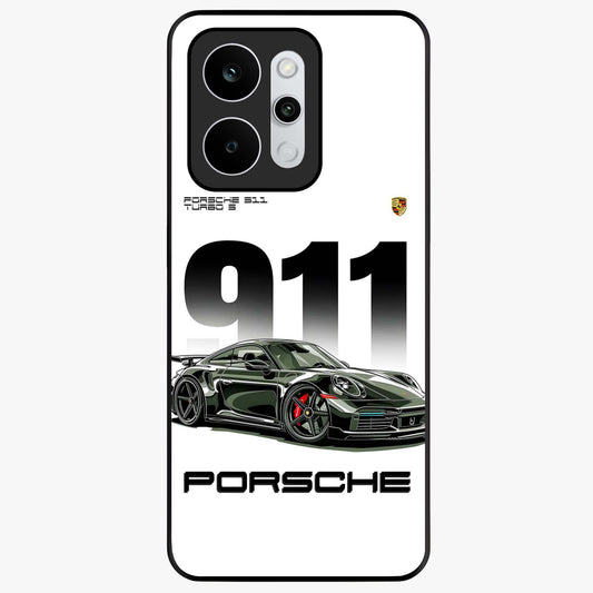 911 Turbo Dominance Glass Case showing clean flat back view with bold 911 sports car artwork and glossy glass finish.