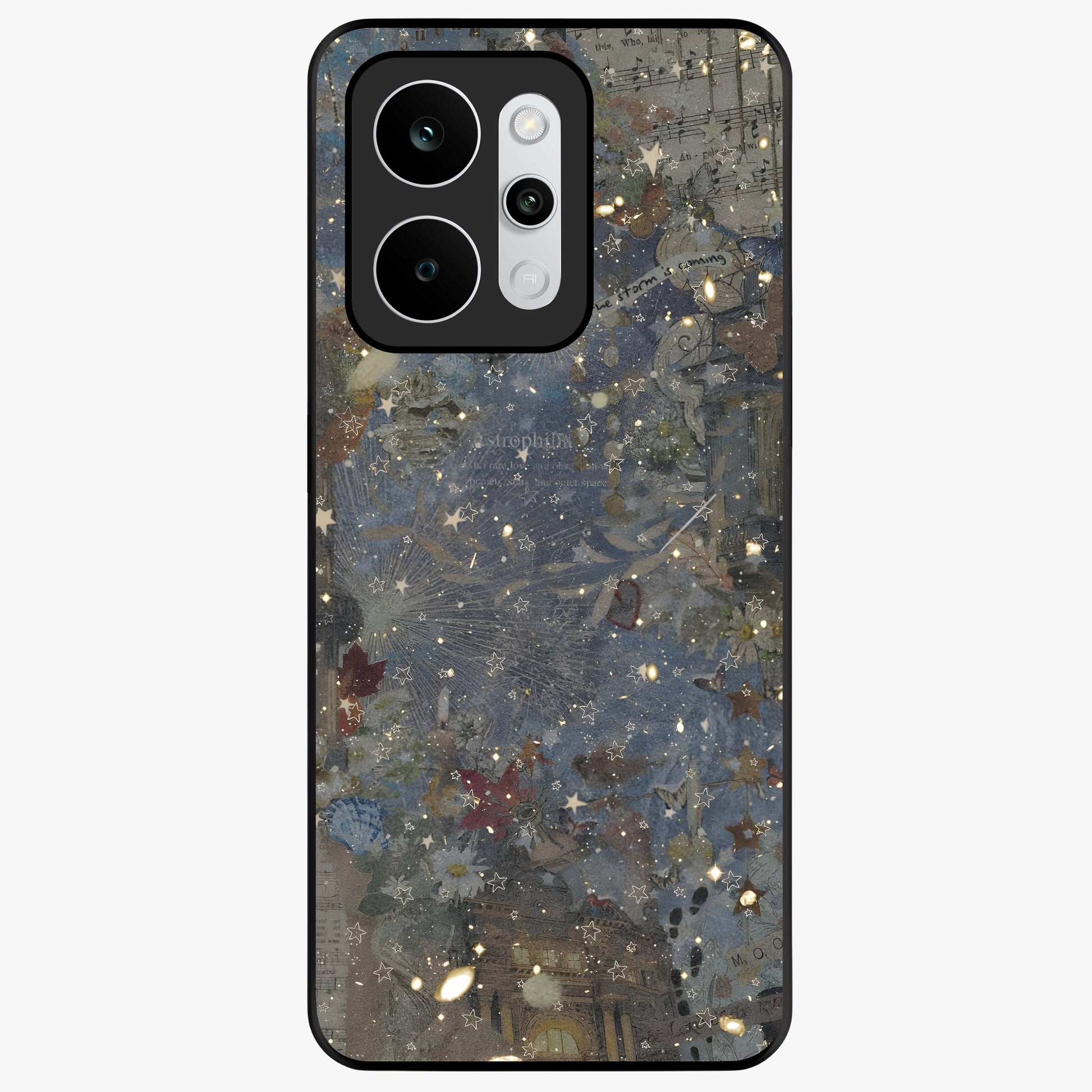 Aesthetic Astrolophia Glass Case showing flat back view with dreamy aesthetic design and glossy glass finish.