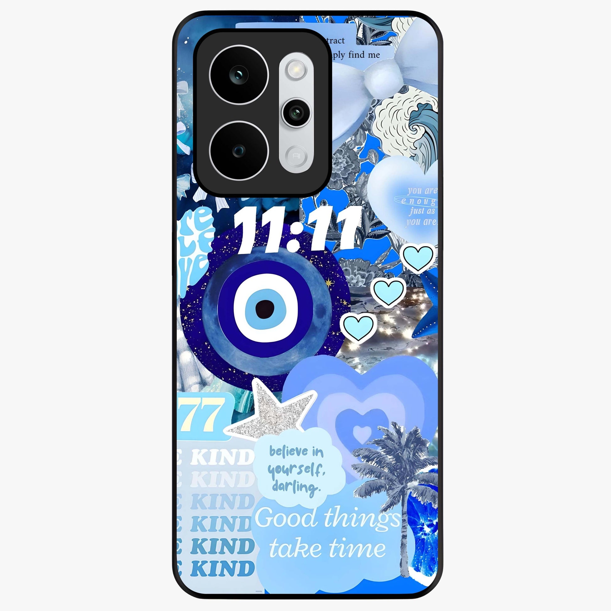 Aesthetic Be Kind Eye Glass Case showing flat back view with motivational eye artwork and glossy glass finish.