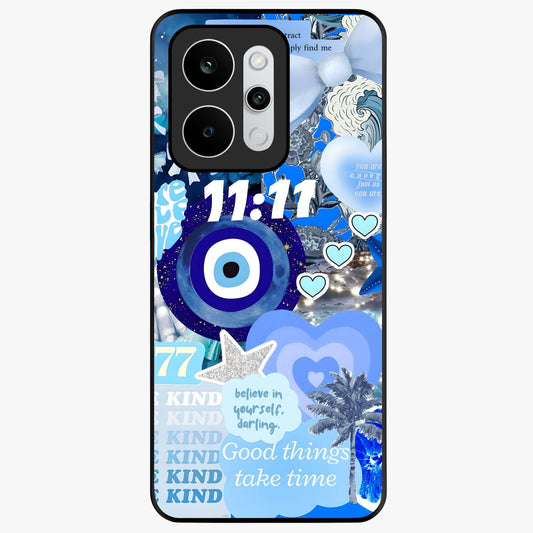Aesthetic Be Kind Eye Glass Case showing flat back view with motivational eye artwork and glossy glass finish.
