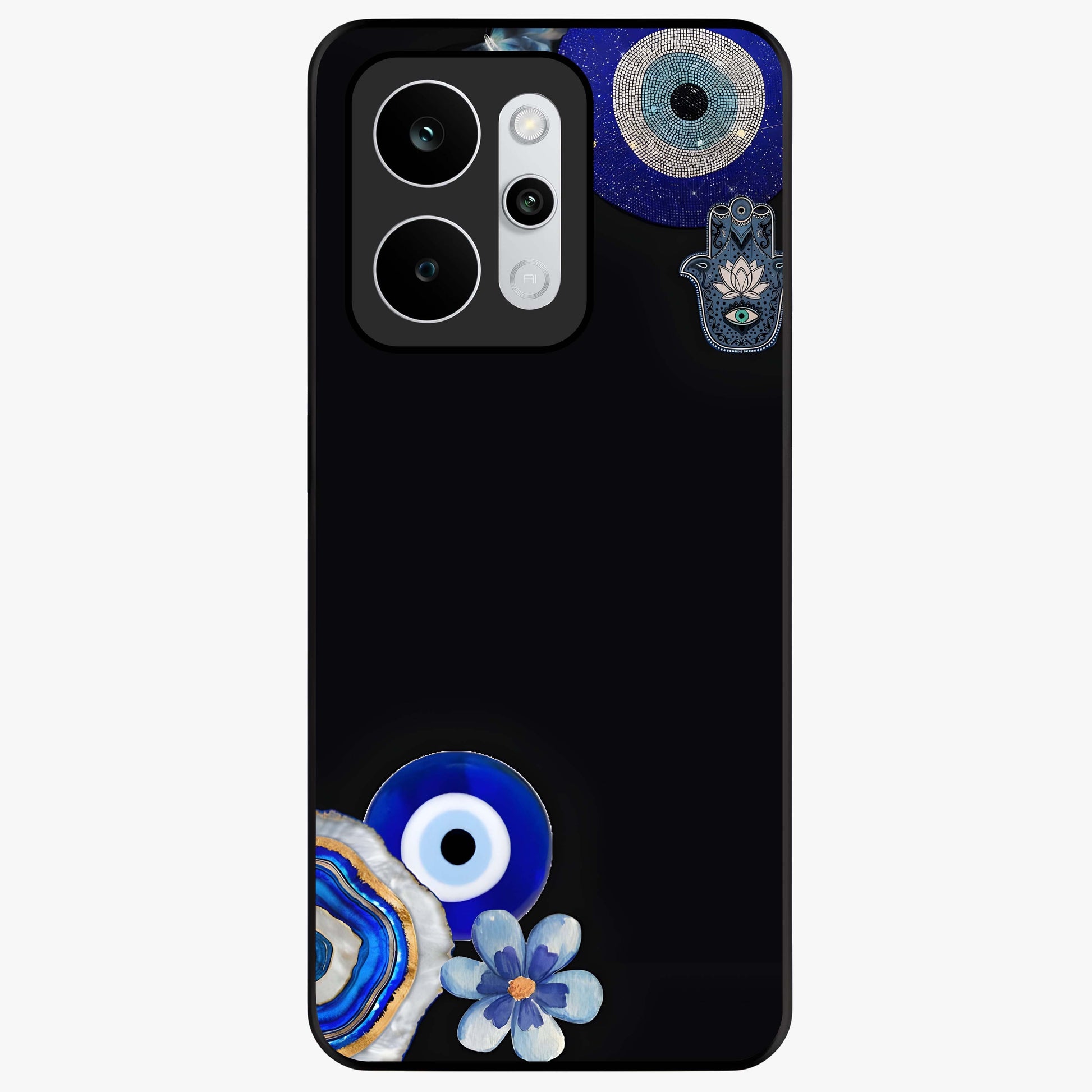 Aesthetic Blue Evil Eye Glass Case showing flat back view with protective evil eye artwork and glossy glass finish.