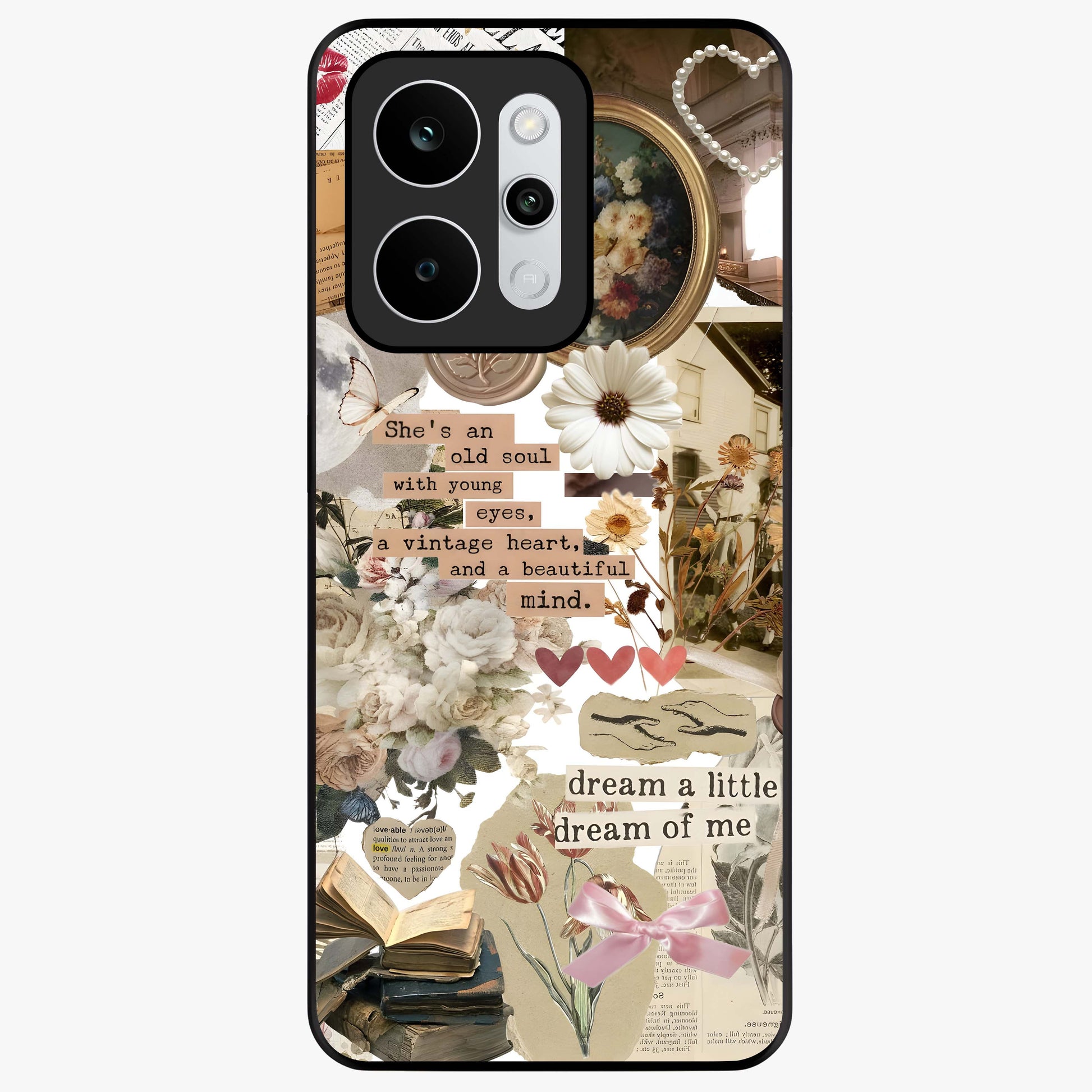 Aesthetic Brown Vintage Collage Glass Case showing flat back view with retro collage artwork and glossy glass finish.