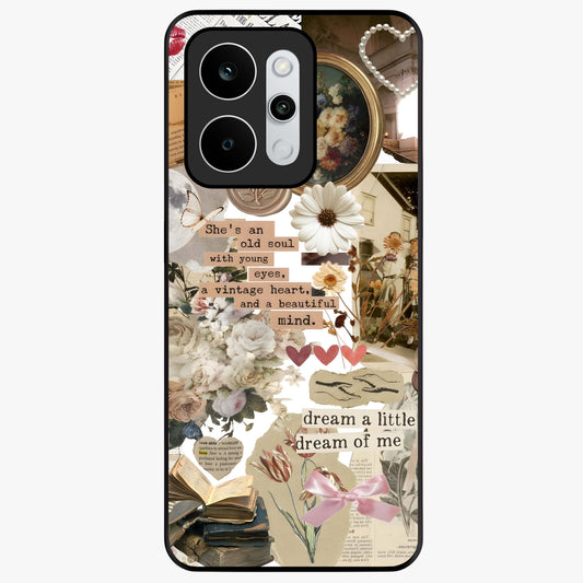 Aesthetic Brown Vintage Collage Glass Case showing flat back view with retro collage artwork and glossy glass finish.