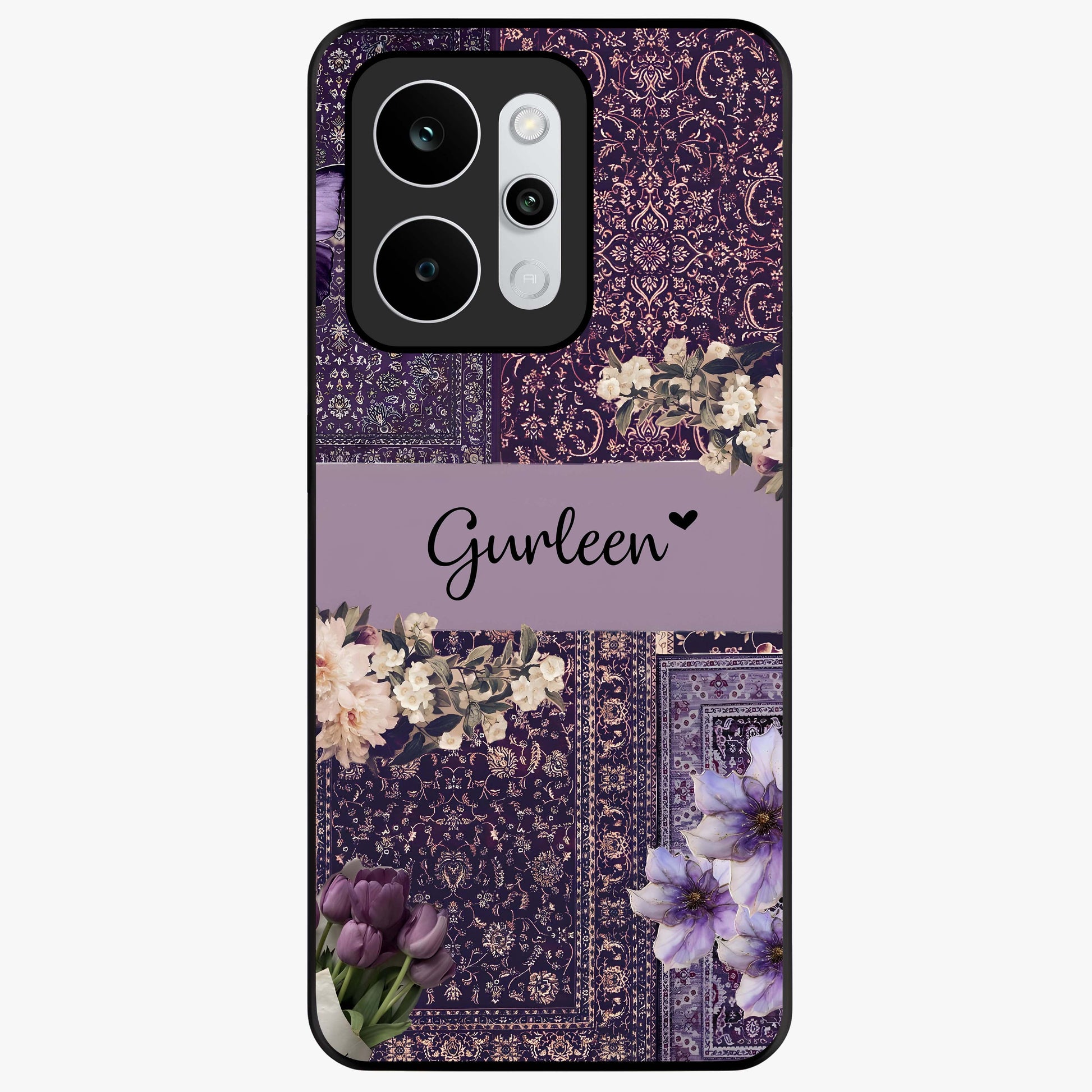 Antique Floral Whisper Custom Name Glass Case showing flat back view with vintage floral artwork and personalized name design.