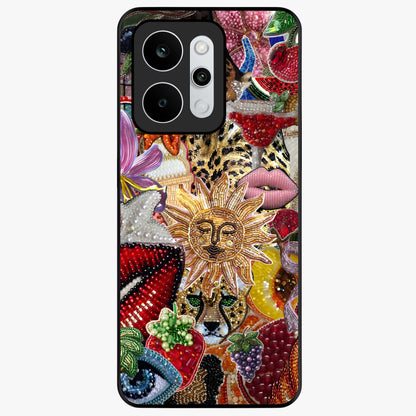 Beaded Fashion Jungle Glass Case showing flat back view with vibrant jungle inspired bead artwork and glossy glass finish.