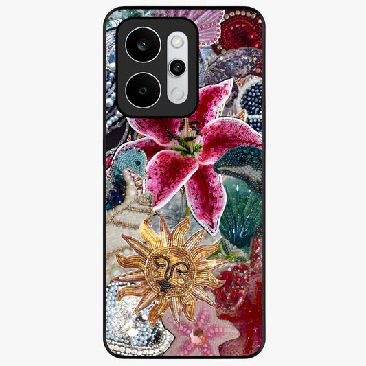 Beaded Garden Fantasy Glass Case showing flat back view with dreamy garden bead artwork and glossy glass finish.
