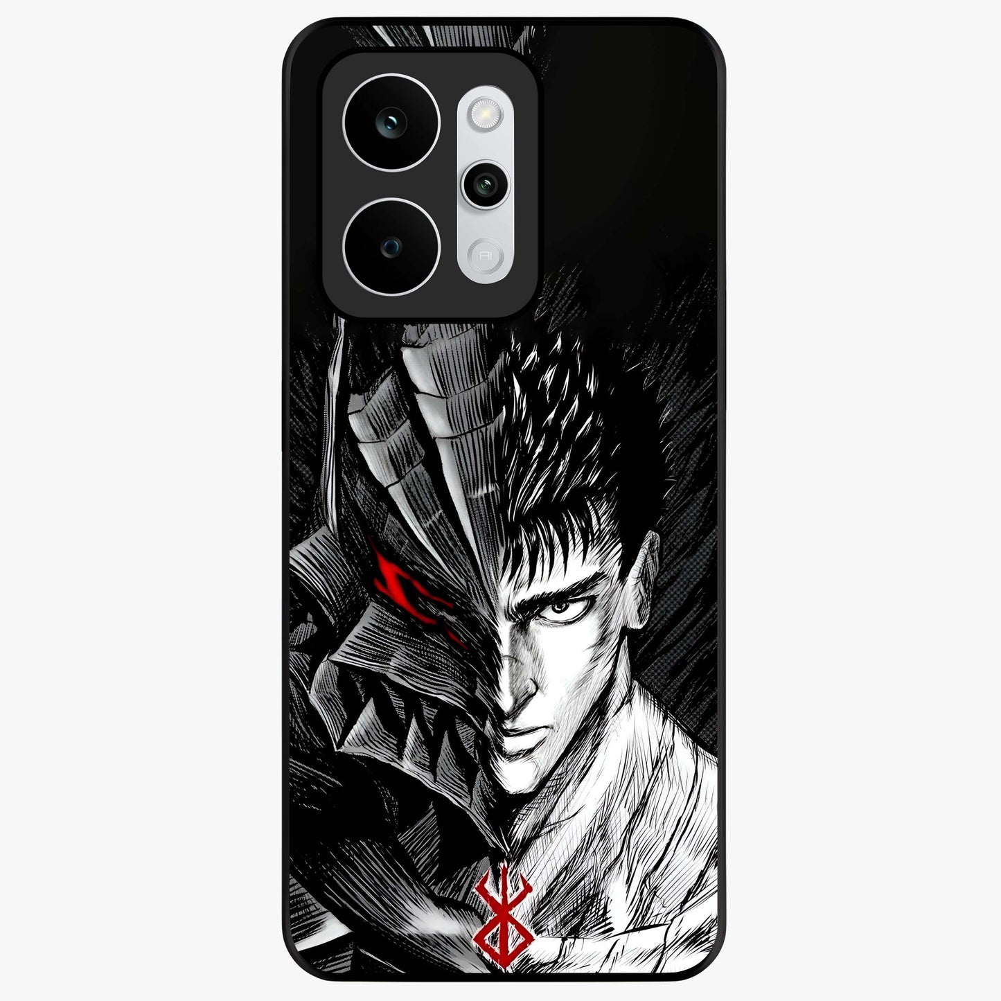 Berserker Blood Oath Glass Case showing flat back view with fierce warrior inspired artwork and glossy glass finish.