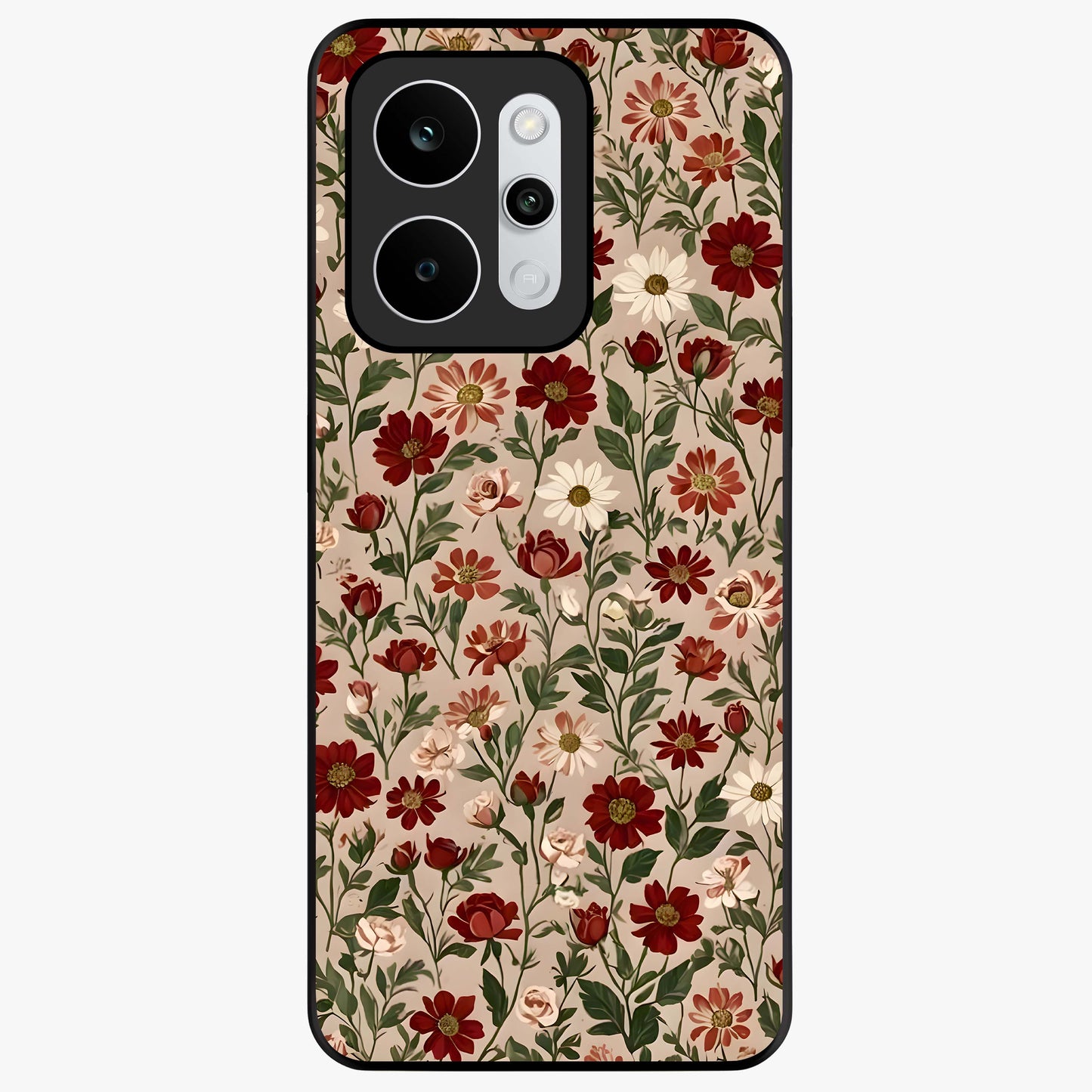Biege Flower With Leaf Glass Case showing flat back view with soft beige floral artwork and glossy glass finish.