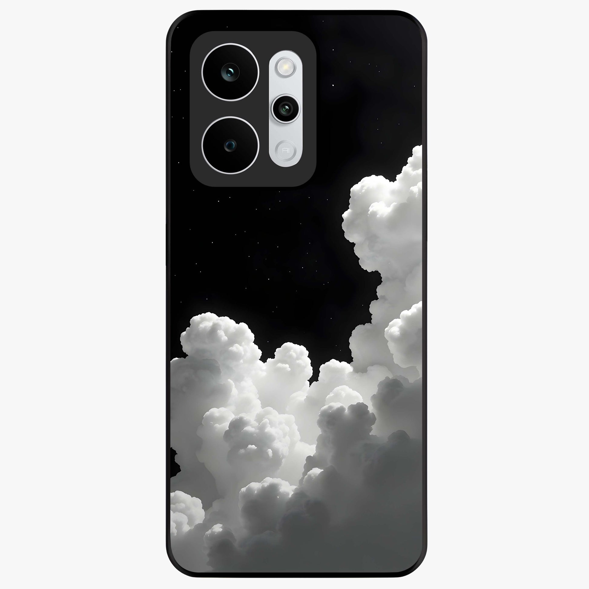 Black Background With White Cloud Glass Case showing flat back view with minimal cloud artwork on dark background and glossy glass finish.