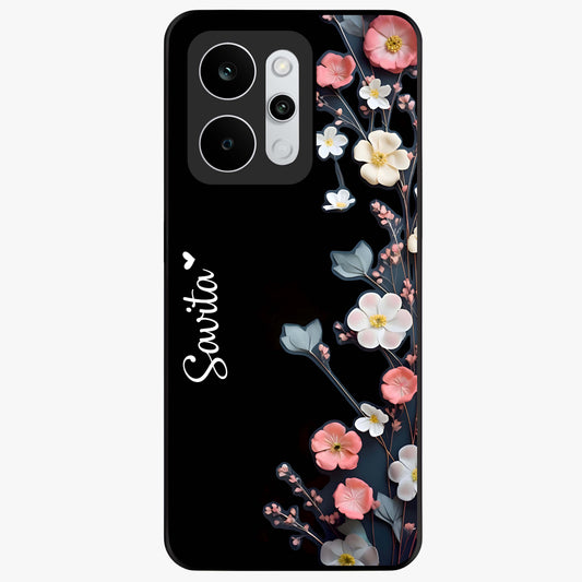 Black Elegance Floral Custom Name Glass Case showing flat back view with elegant floral artwork and personalized name design.