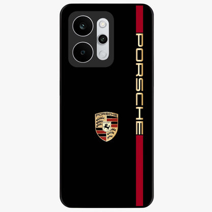 Black Minimal Porsche Glass Case showing flat back view with sleek minimal sports car artwork and glossy glass finish.