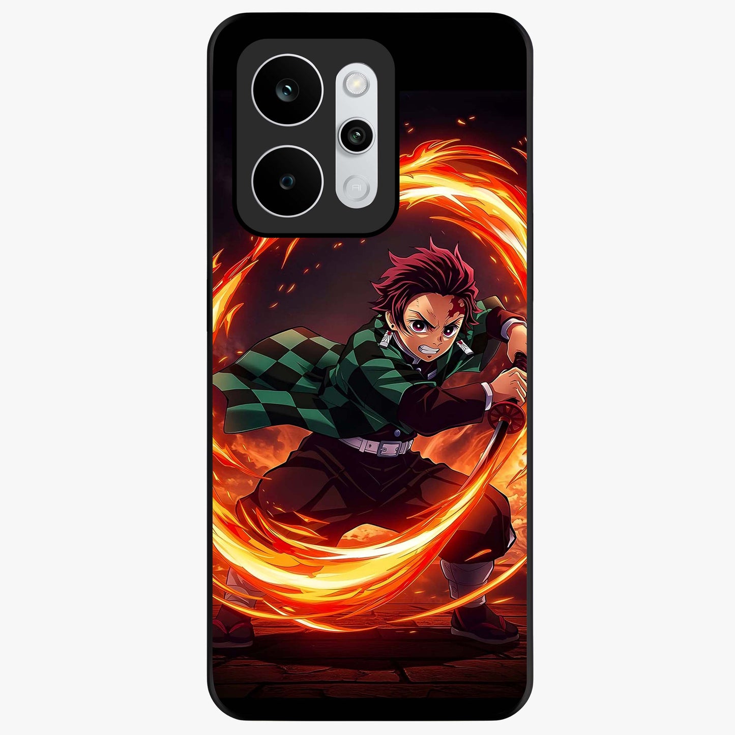 Blazing Sword Resolve Glass Case showing flat back view with fiery sword artwork and glossy glass finish.