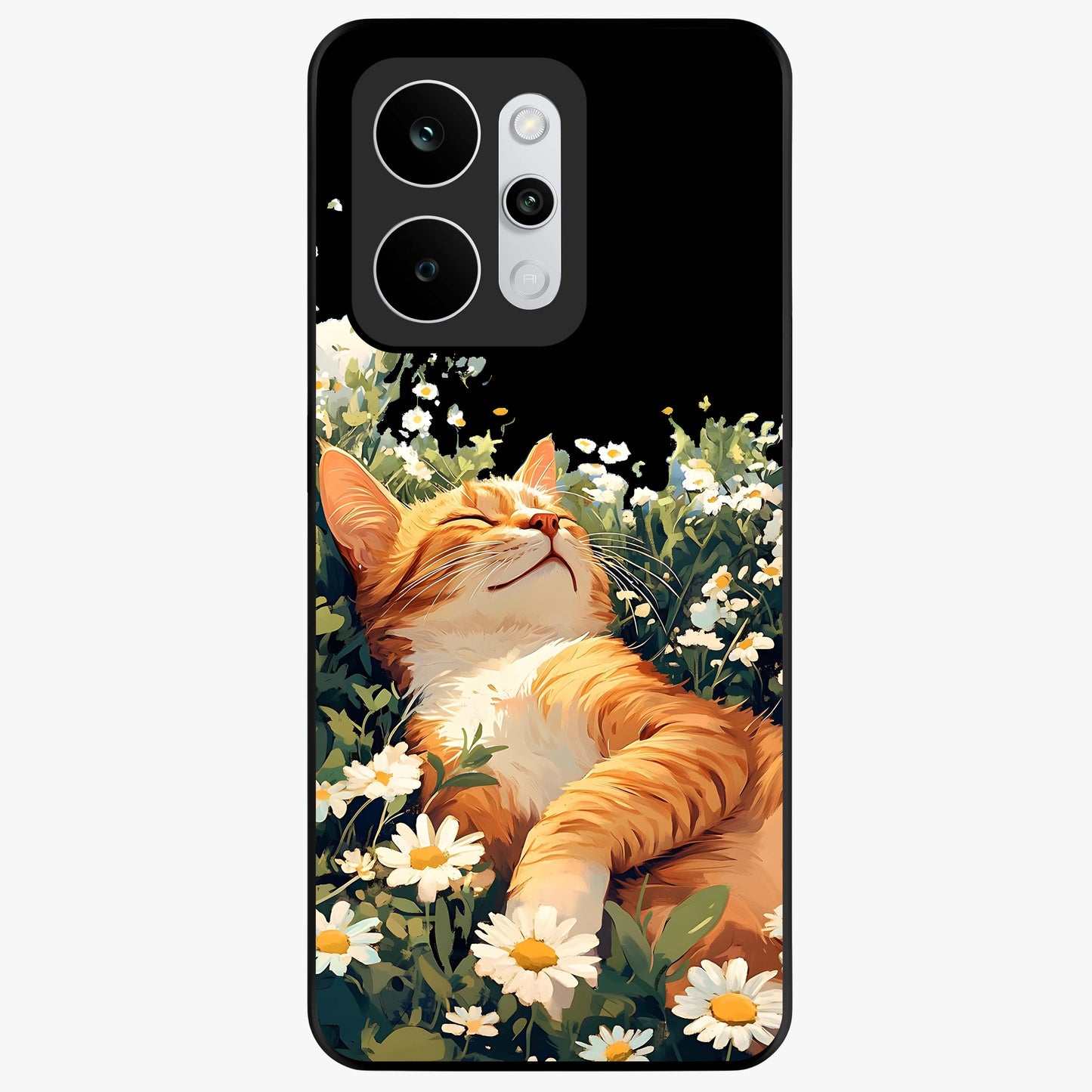 Blissful Bloom Cat Glass Case showing flat back view with cute cat and floral bloom artwork and glossy glass finish.