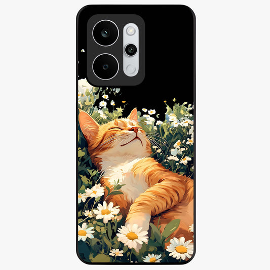 Blissful Bloom Cat Glass Case showing flat back view with cute cat and floral bloom artwork and glossy glass finish.