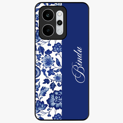 Blue Vintage Floral Pattern Glass Case upright view showcasing timeless floral illustration with vintage inspired style.