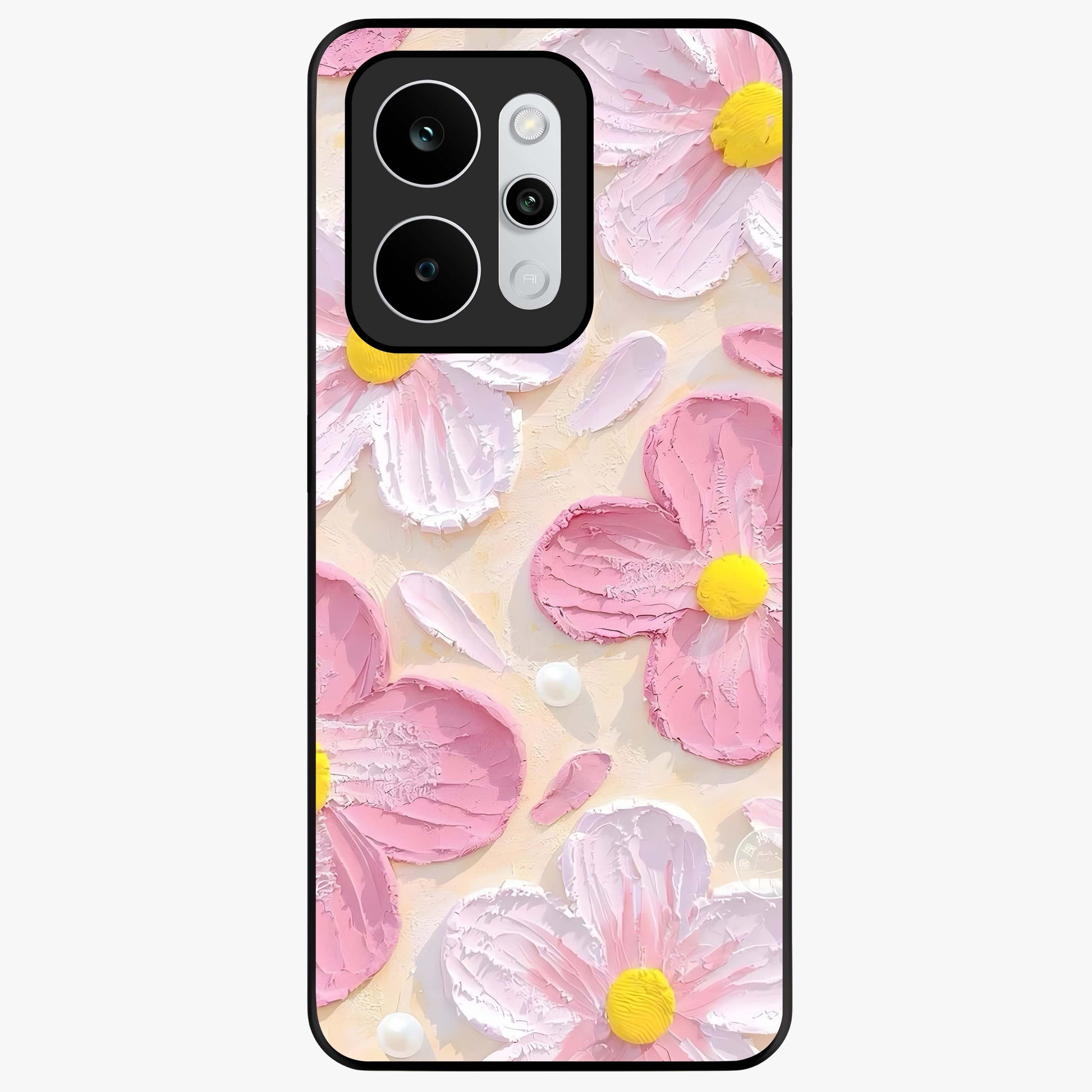 Blush Bloom Texture Glass Case showing flat back view with soft blush floral texture artwork and glossy glass finish.