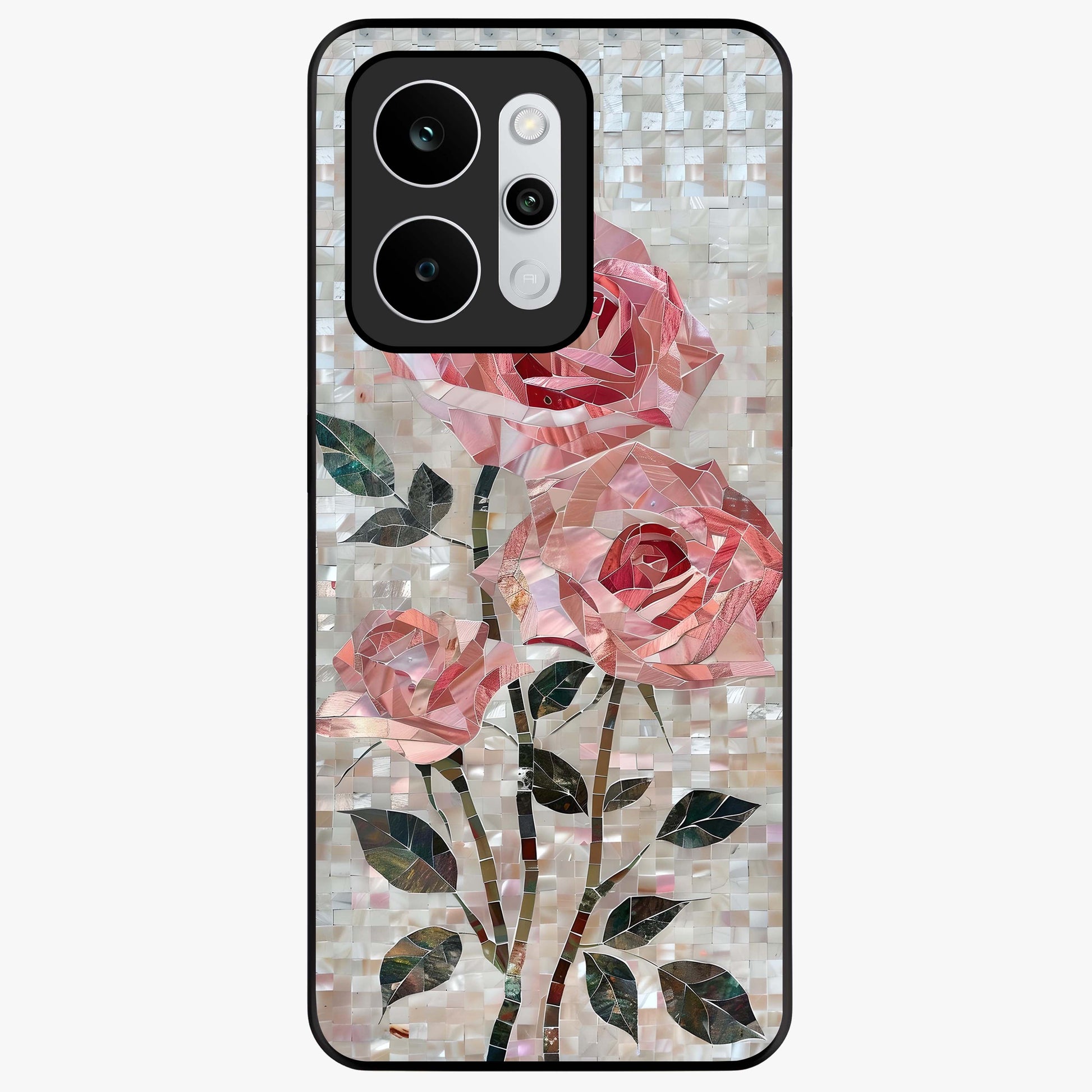 Blush Mosaic Bloom Glass Case showing flat back view with mosaic floral bloom artwork and glossy glass finish.