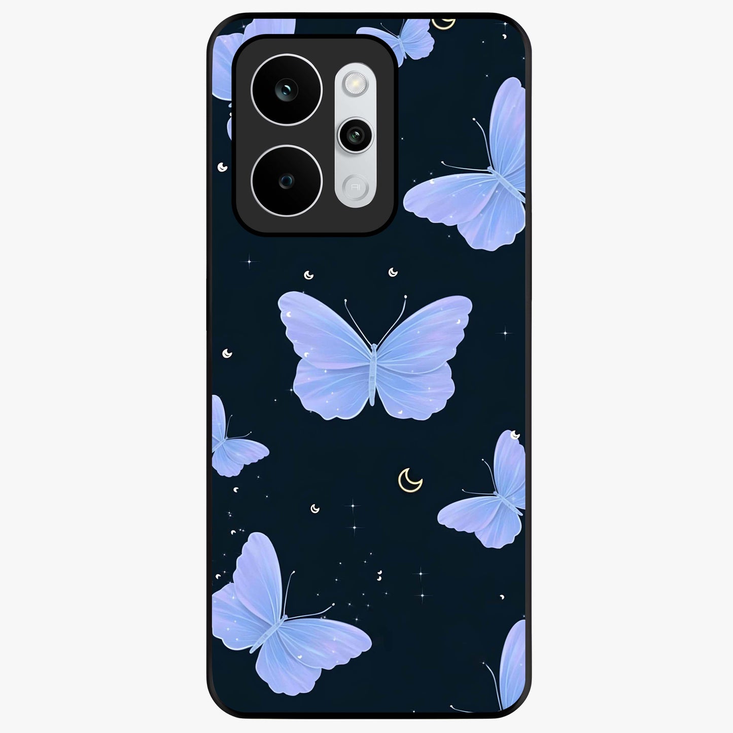 Butterfly With Stars Pattern Glass Case showing flat back view with butterfly and star pattern artwork and glossy glass finish.