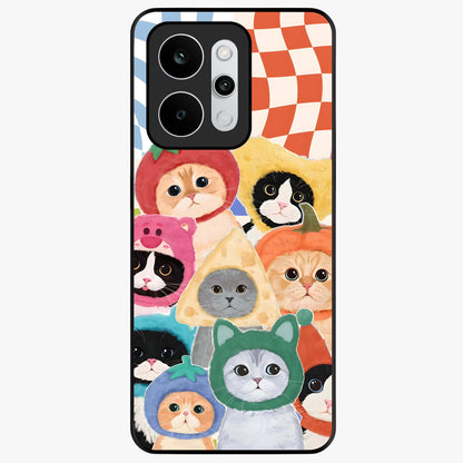 Cats in Fruits Glass Case showing flat back view with playful cat illustrations inside fruit artwork and glossy glass finish.