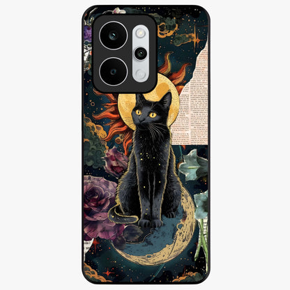 Celestial Black Cat Glass Case showing flat back view with mystical black cat artwork and glossy glass finish.
