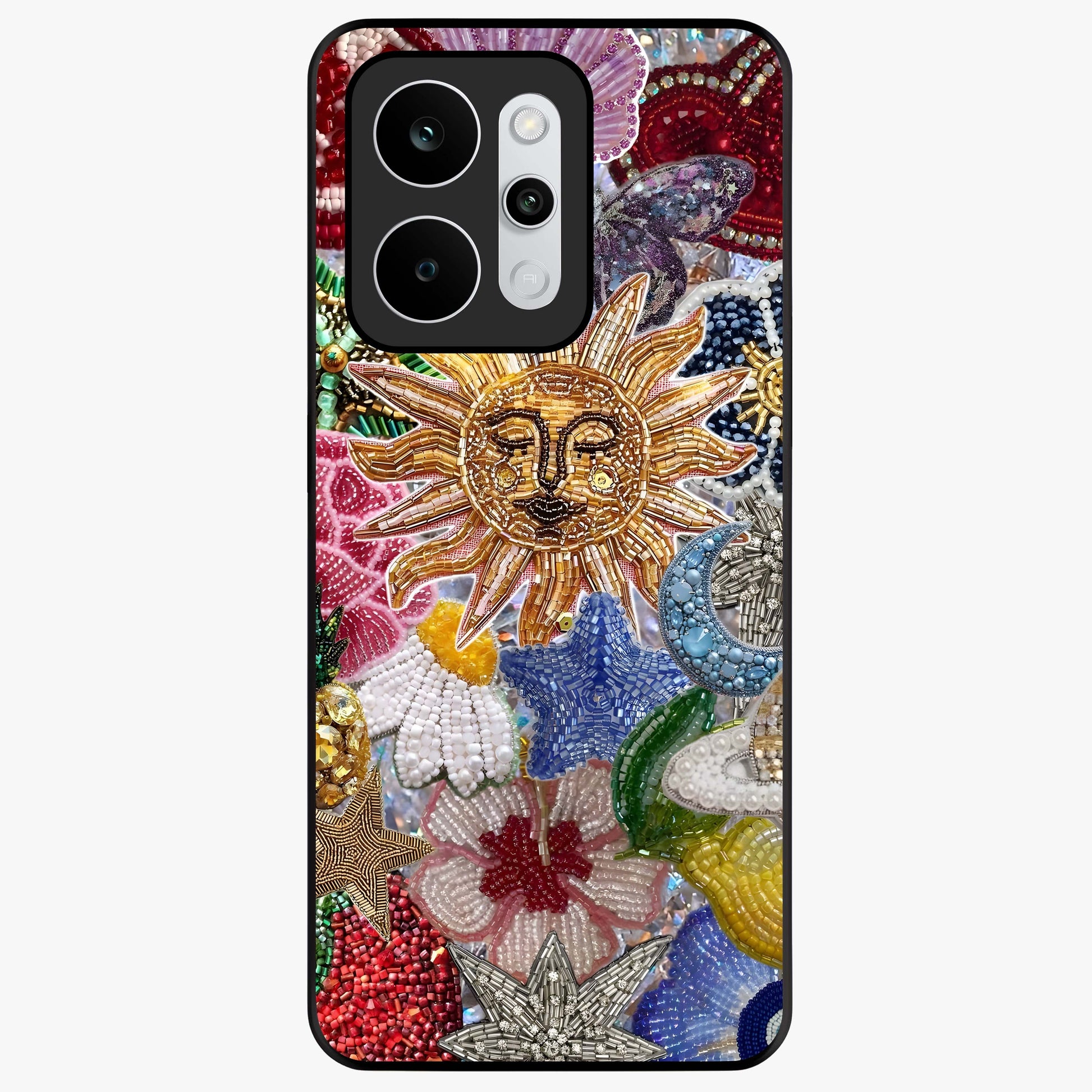 Celestial Floral and Playful Glass Case showing flat back view with floral and celestial themed artwork and glossy glass finish.