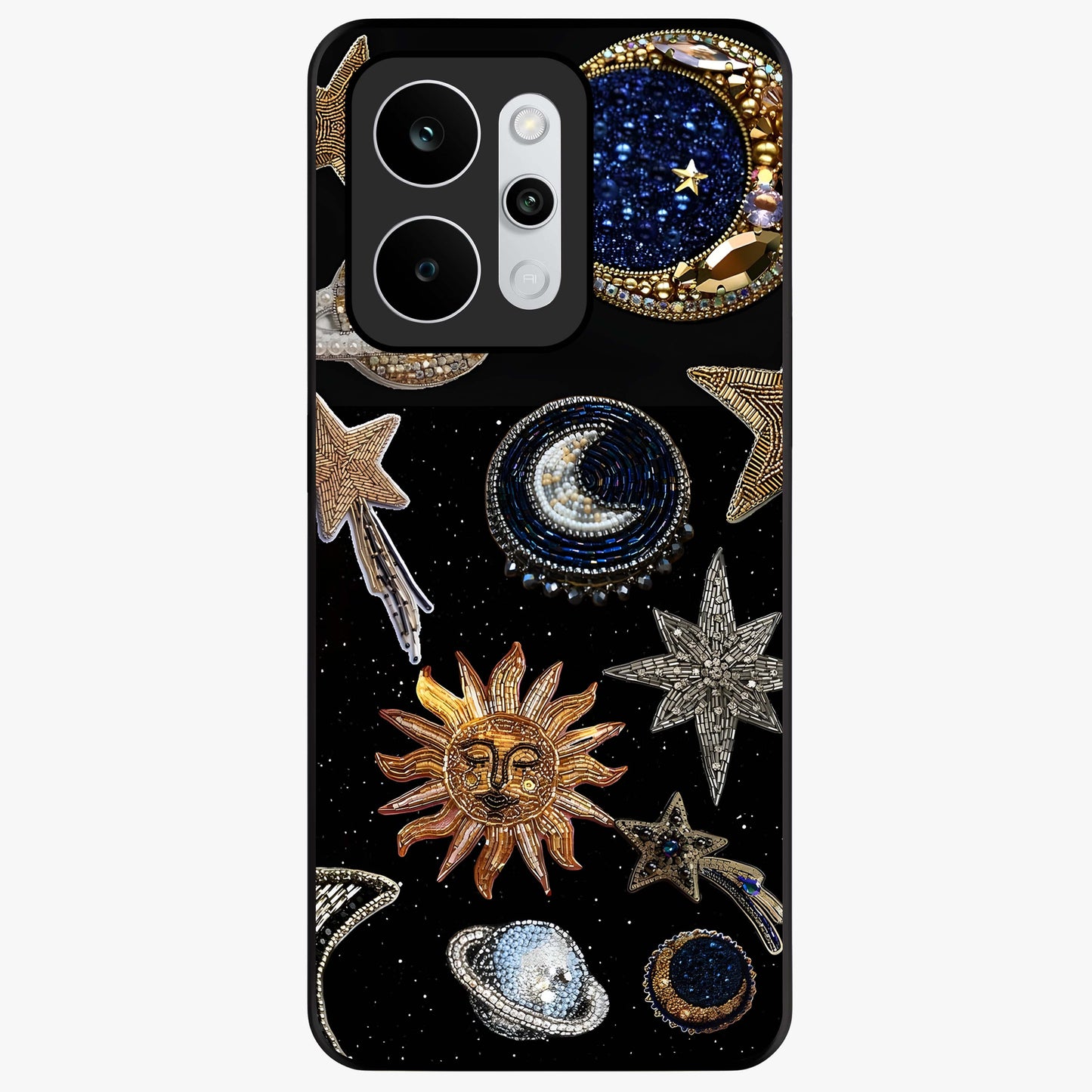 Celestial Gem Constellations Glass Case showing flat back view with sparkling constellation artwork and glossy glass finish.