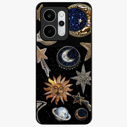 Celestial Gem Constellations Glass Case showing flat back view with sparkling constellation artwork and glossy glass finish.
