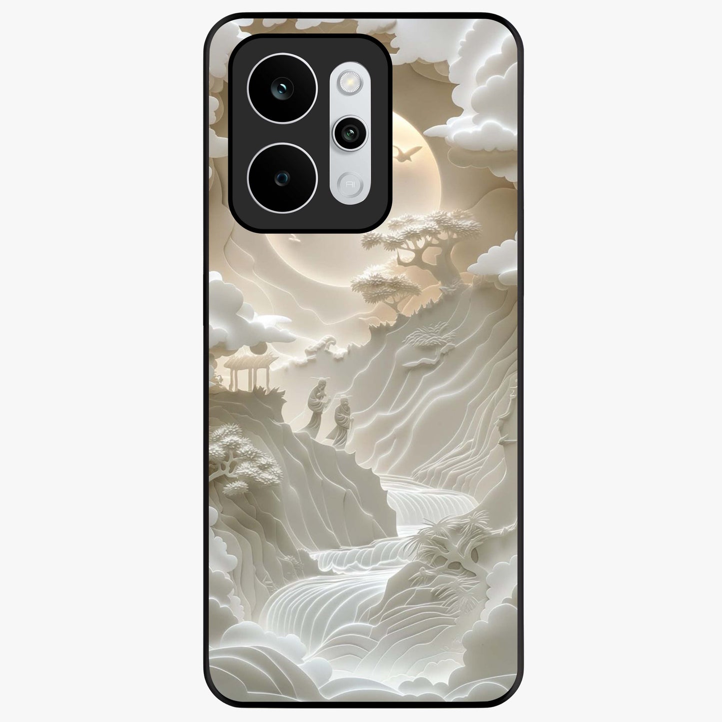 Celestial Origami Glass Case showing flat back view with artistic origami inspired celestial artwork and glossy glass finish.