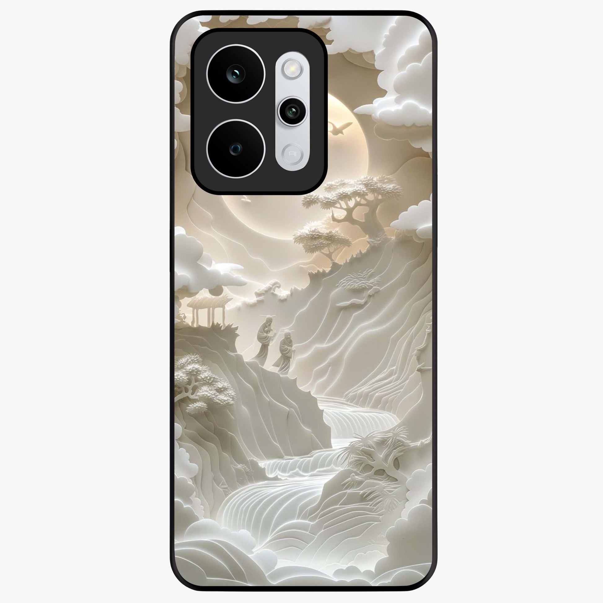 Celestial Origami Glass Case showing flat back view with artistic origami inspired celestial artwork and glossy glass finish.
