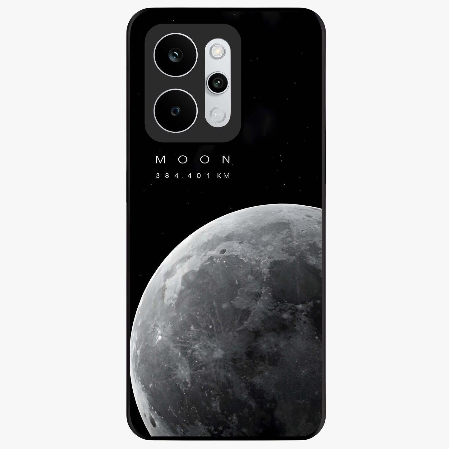 Cosmic Moon Glow Glass Case showing flat back view with glowing moon artwork and glossy glass finish.