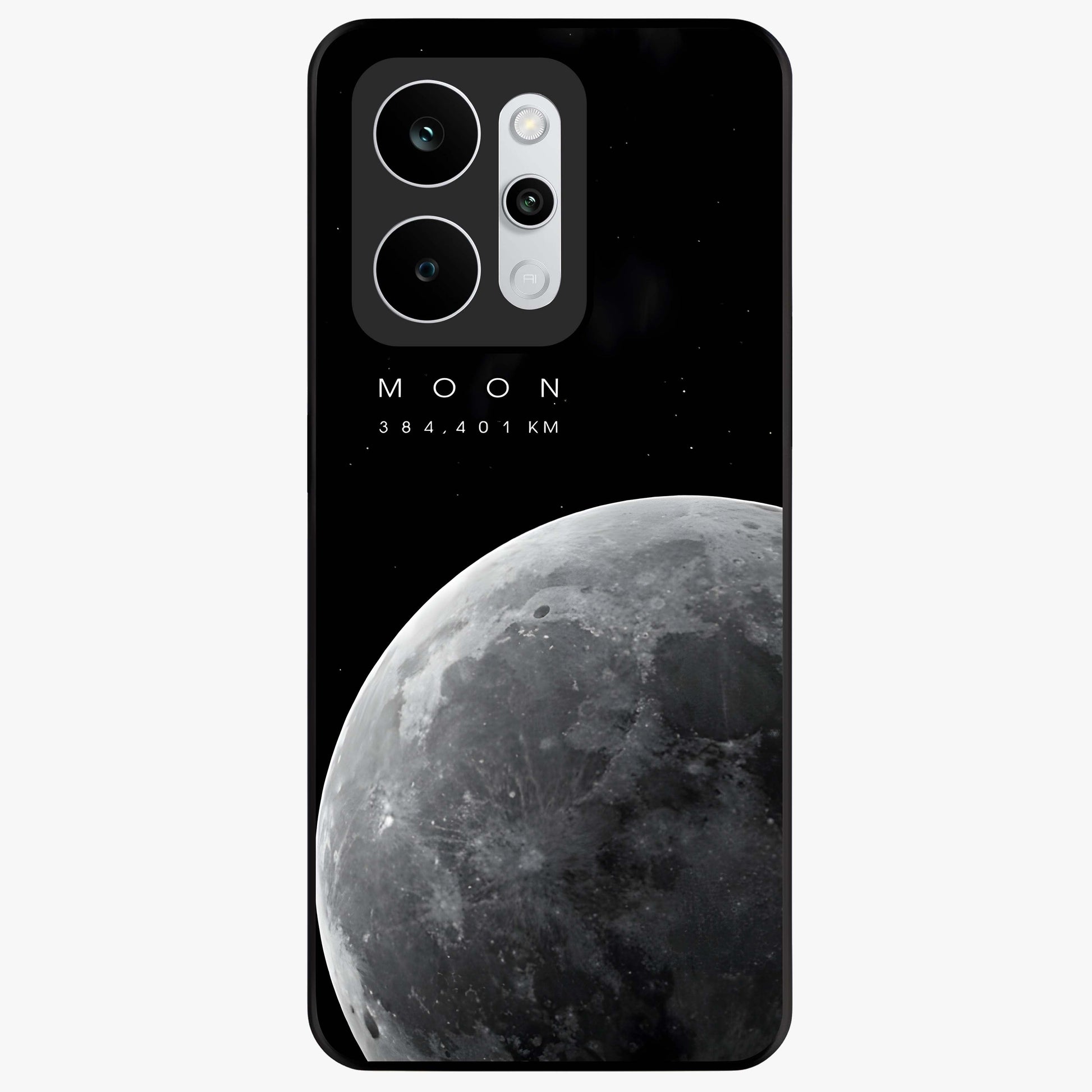 Cosmic Moon Glow Glass Case showing flat back view with glowing moon artwork and glossy glass finish.