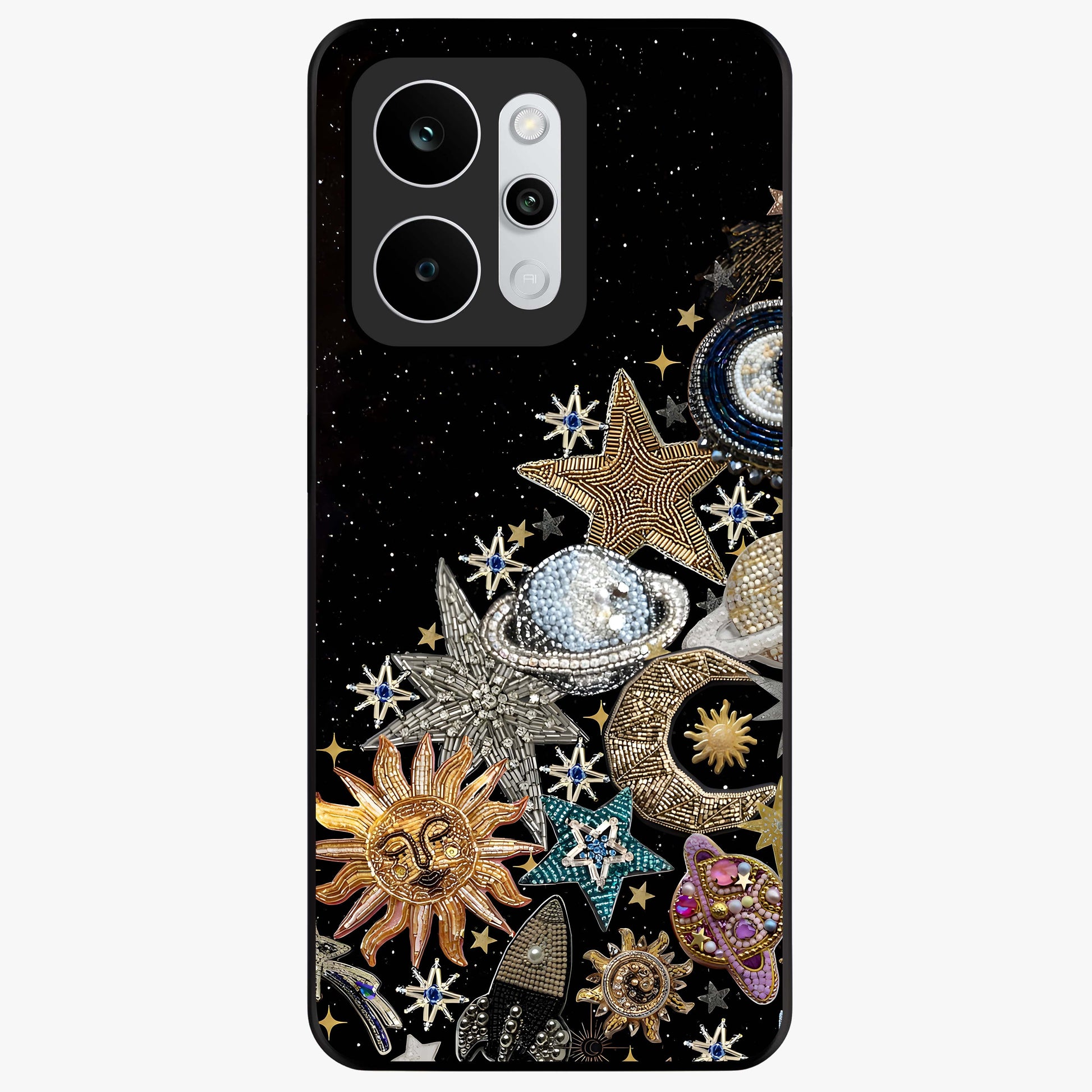 Cosmic Sparkle Dreams Glass Case showing flat back view with sparkling cosmic artwork and glossy glass finish.