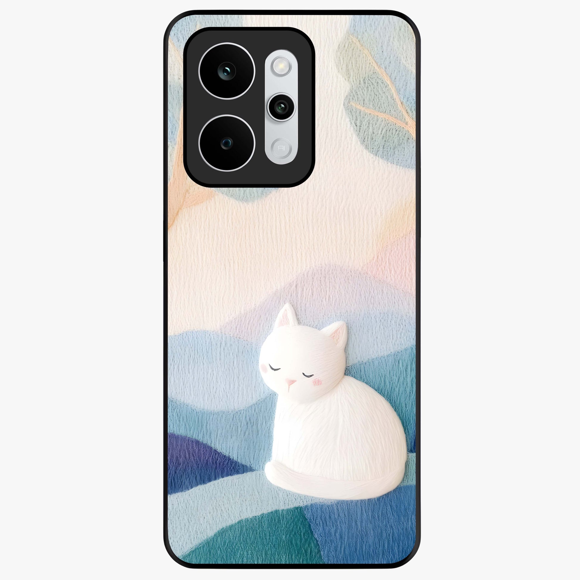 Cotton Dream Cat Glass Case showing flat back view with soft dreamy cat artwork and glossy glass finish.