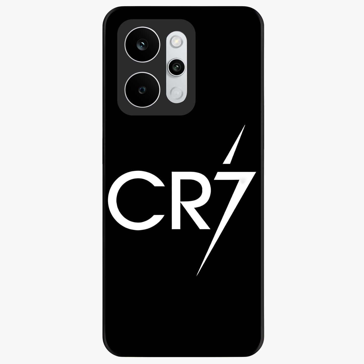 Cr7 Elite Strike Glass Case showing flat back view with dynamic football inspired artwork and glossy glass finish.