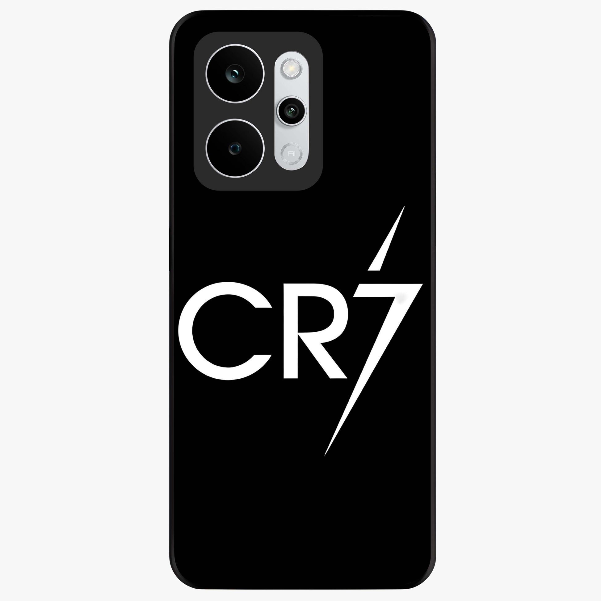 Cr7 Elite Strike Glass Case showing flat back view with dynamic football inspired artwork and glossy glass finish.
