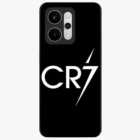 Cr7 Elite Strike Glass Case showing flat back view with dynamic football inspired artwork and glossy glass finish.