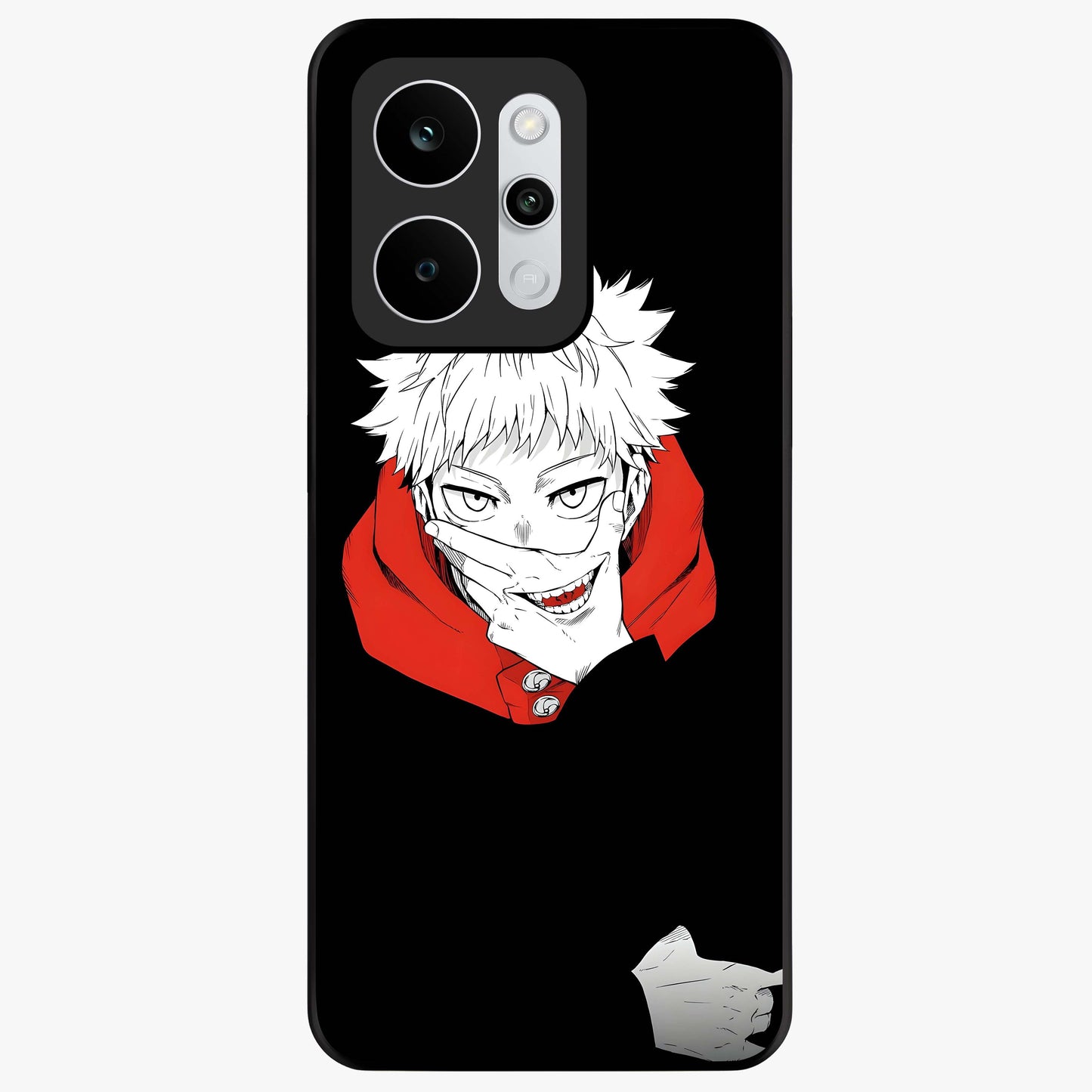 Crimson Chaos Smile Glass Case showing flat back view with bold chaotic smile artwork and glossy glass finish.