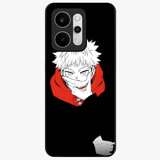 Crimson Chaos Smile Glass Case showing flat back view with bold chaotic smile artwork and glossy glass finish.