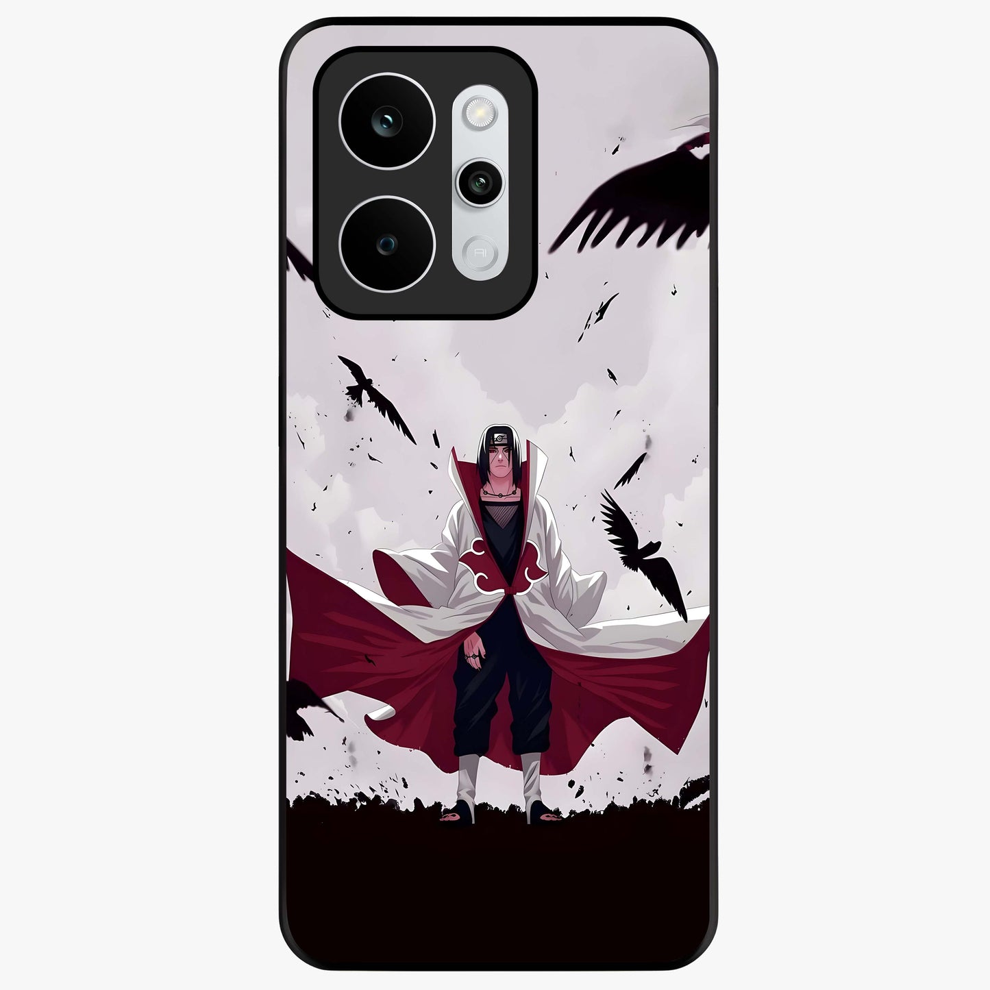 Crimson Crow Ascension Glass Case showing flat back view with mystical crow artwork and glossy glass finish.
