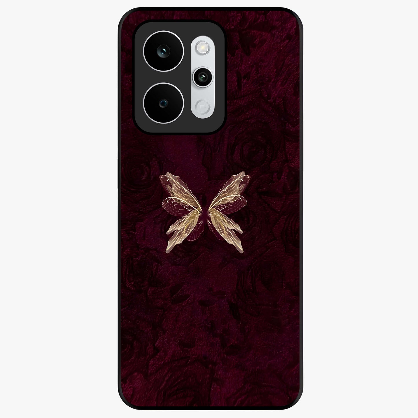 Crimson Fade Butterfly Glass Case showing flat back view with fading butterfly artwork and glossy glass finish.