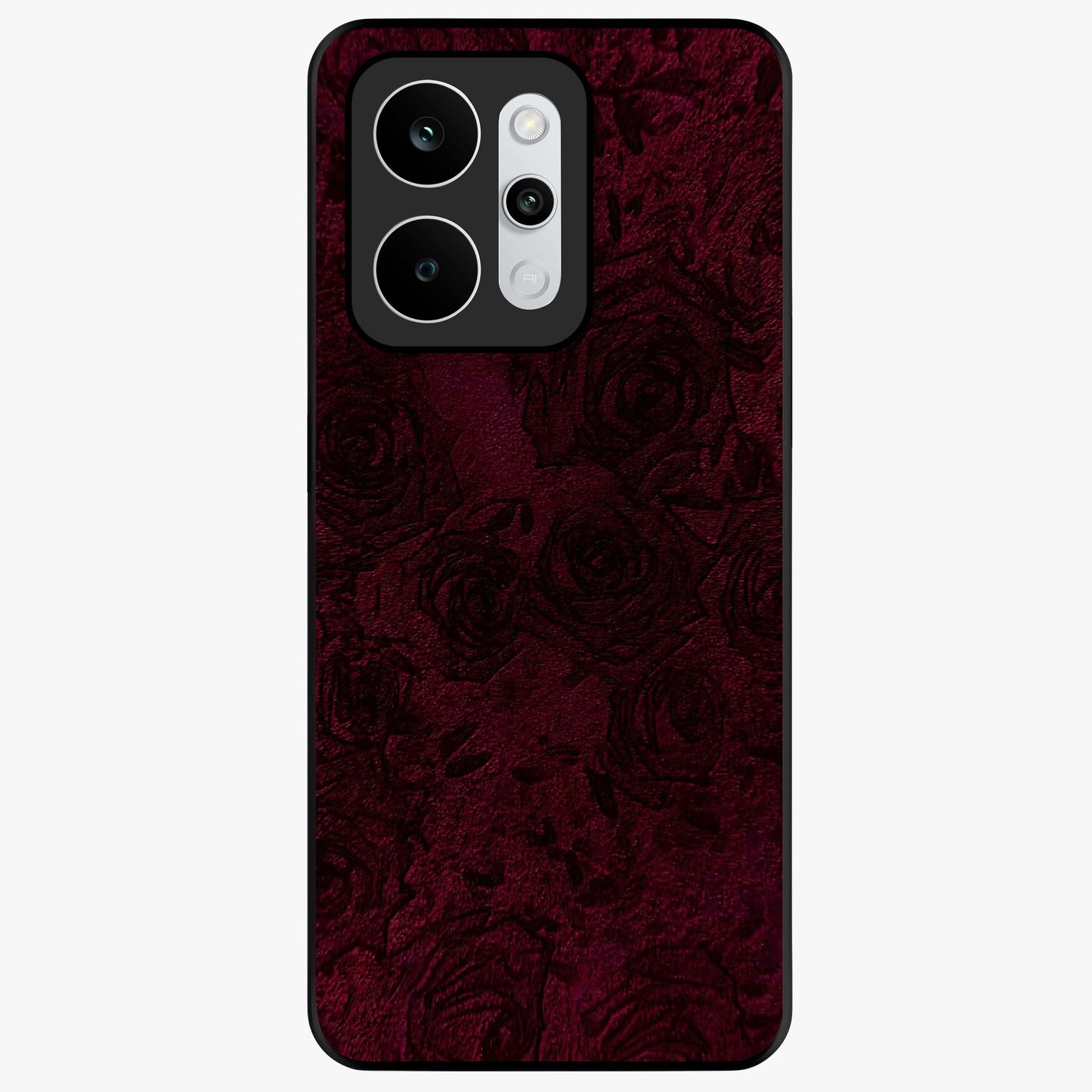 Crimson Fade Flow Glass Case showing flat back view with flowing crimson gradient artwork and glossy glass finish.