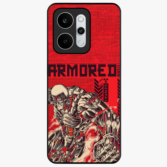 Crimson Mecha Titan Glass Case showing flat back view with powerful mech titan artwork and glossy glass finish.
