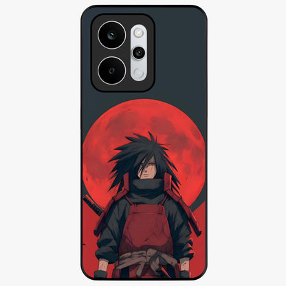 Crimson Moon Warlord Glass Case showing flat back view with mystical moon warrior artwork and glossy glass finish.