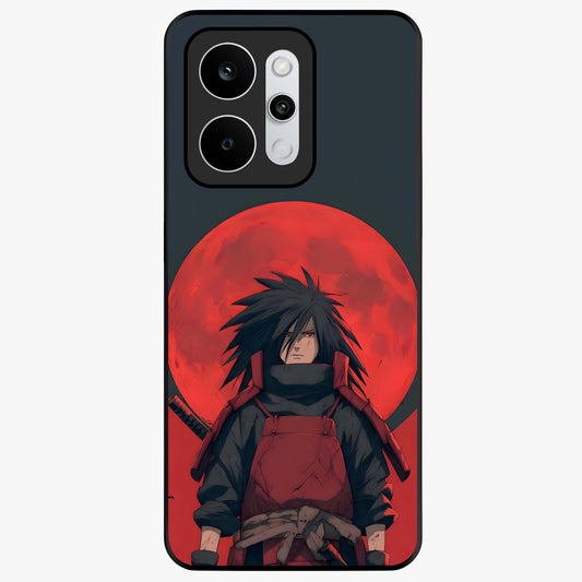 Crimson Moon Warlord Glass Case showing flat back view with mystical moon warrior artwork and glossy glass finish.